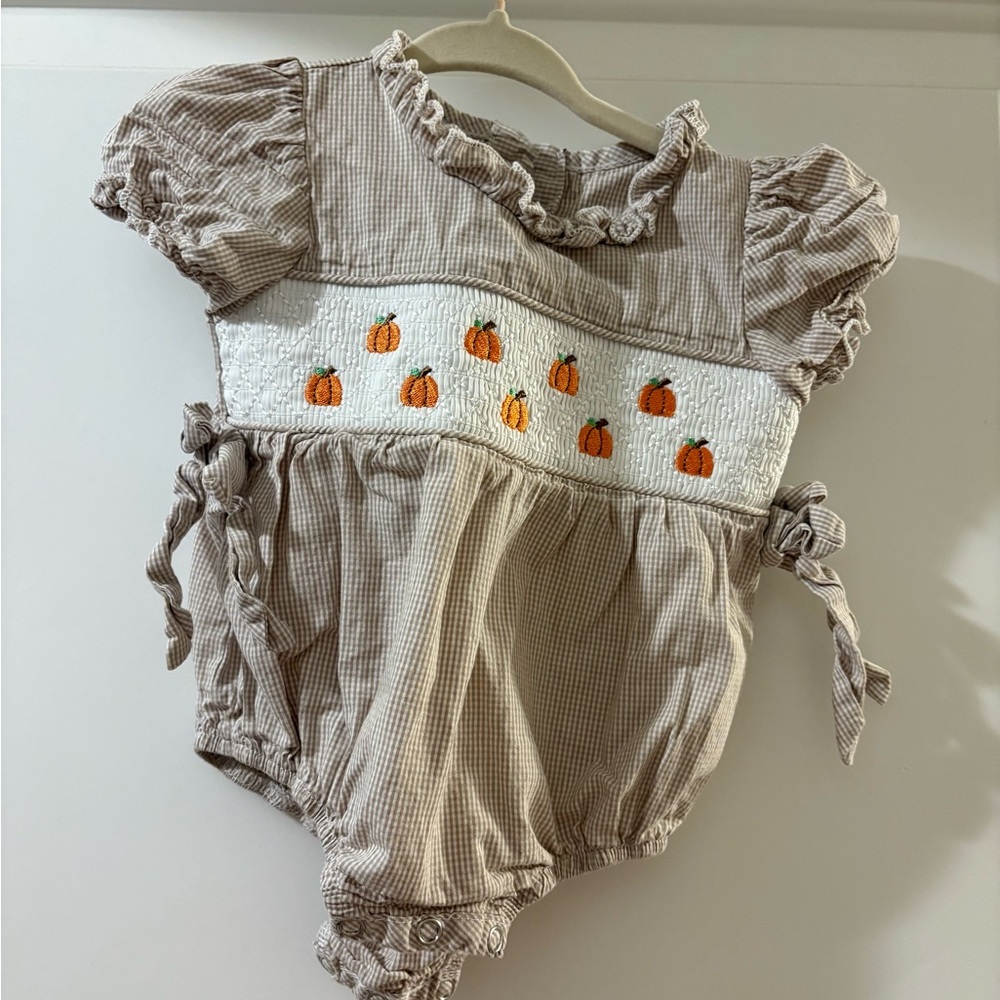 Rylee Faith embroidered pumpkin bubble romper baby girl 6 months